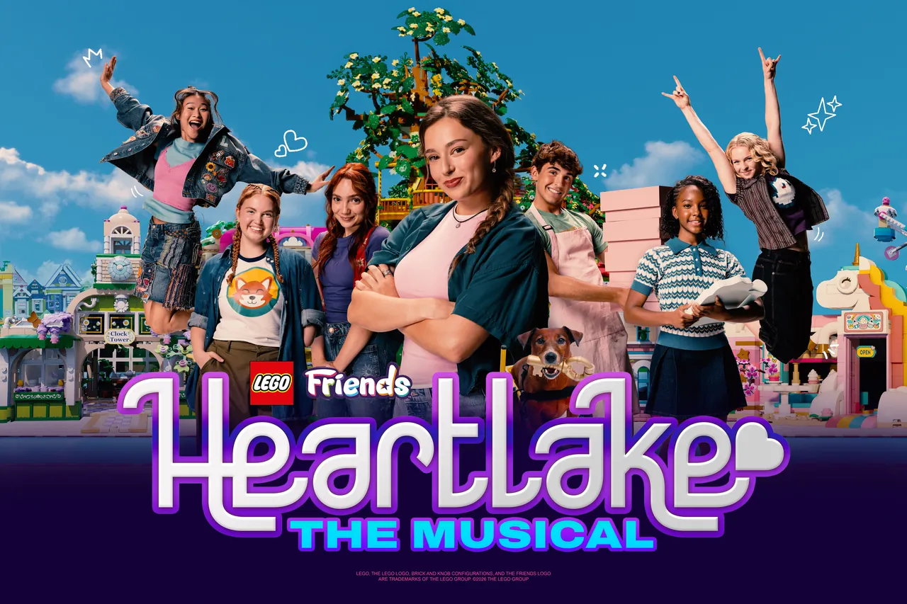 LEGO Friends: Heartlake The Musical key art with the young cast in front of Heartlake City