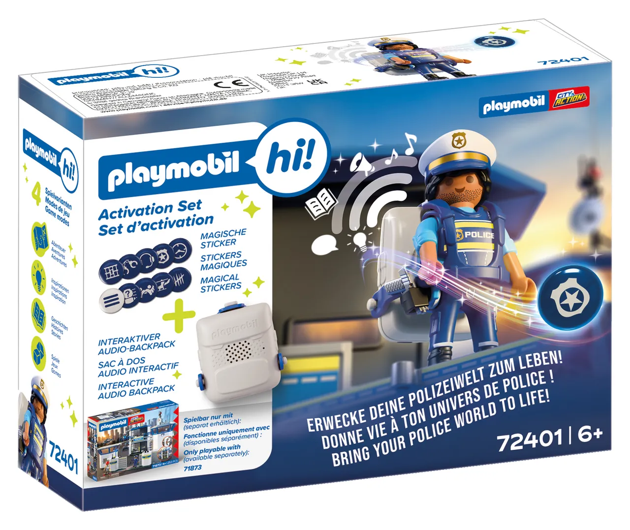 Box of the Playmobil hi! Activation Set Police with audio backpack and stickers